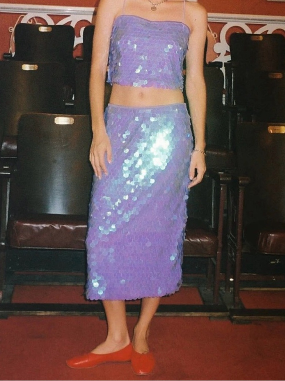New Lisa Says Gah Purple Lilac Sequin Spaghetti Strap Cropped Tank Showtime